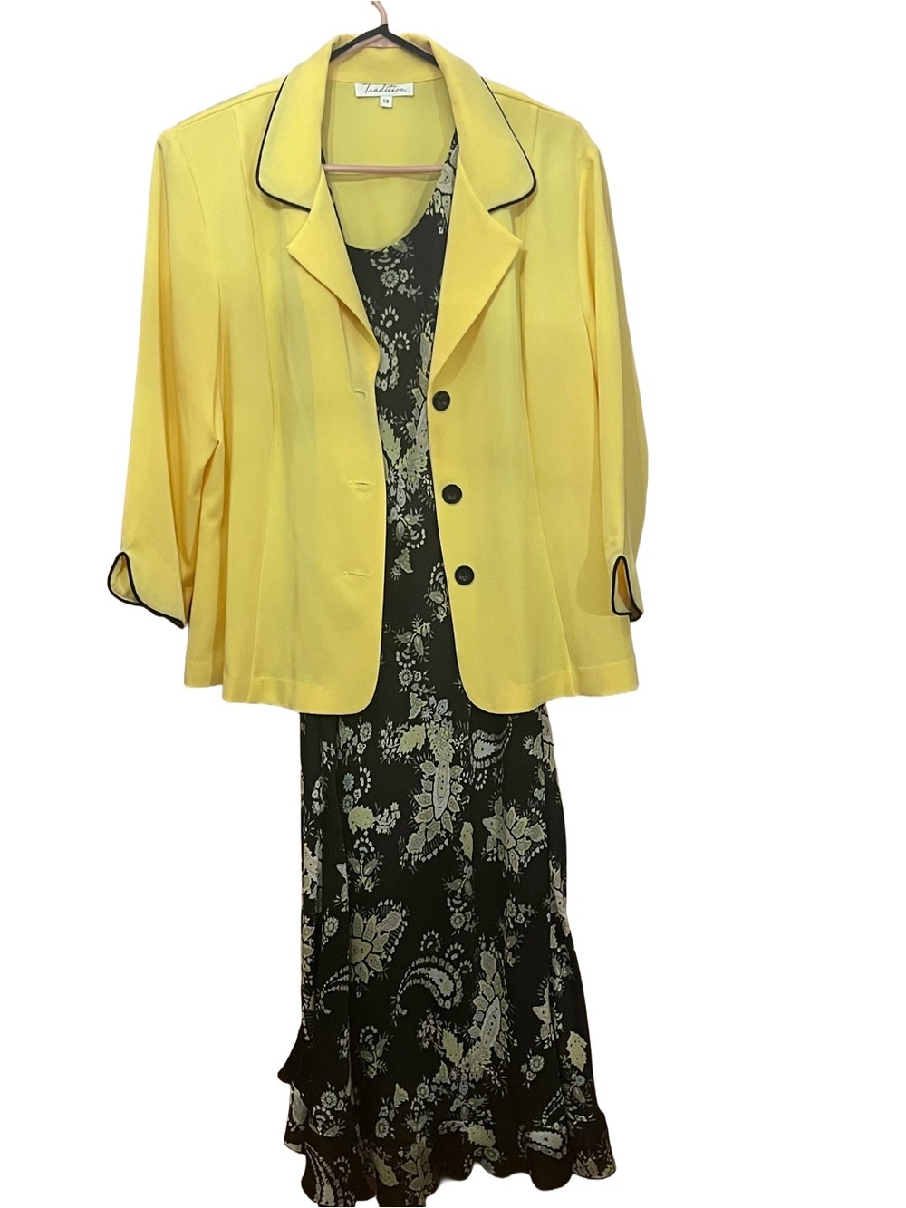 Yellow Two-Piece Jacket & Black Floral Dress size 18, Wedding Guest/Garden party